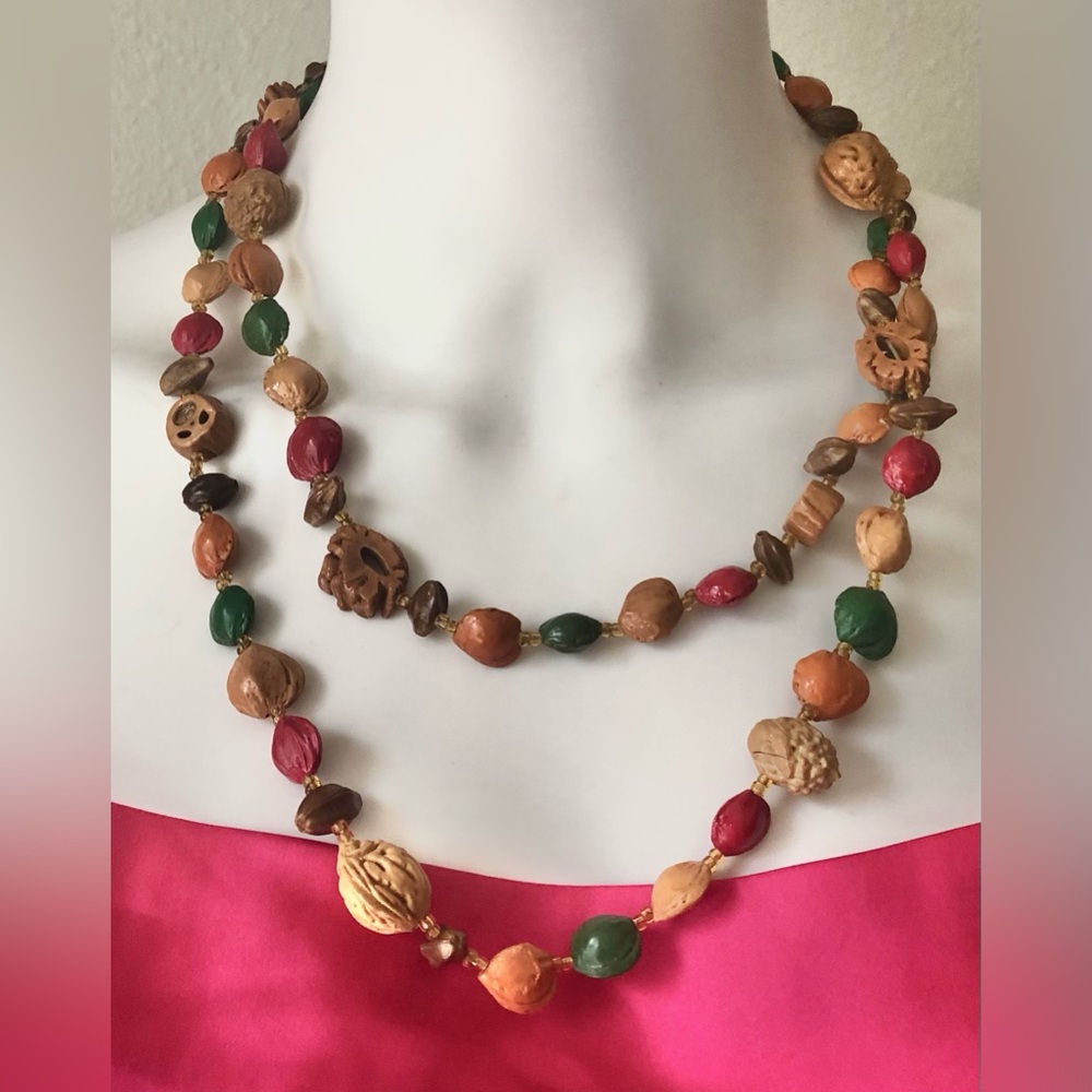 Vintage Necklace Handcrafted Designed with Faux Nuts & Seed Pod 22-3/8” Long